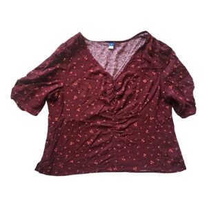 Old Navy Burgundy Floral V-Neck 1/2 Sleeve Blouse